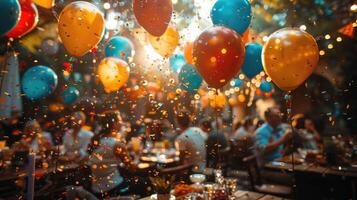 Floating balloons and confetti at party image. Happy holiday colorful ornaments photography scene realistic. Family gathering for festive event concept photorealistic photo