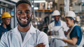 Smiling engineer in white coat with team portrait image. Team members in hard hats, manufacturing facility picture photorealistic. Skilled laborers occupation concept photo realistic