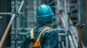 Hardhat worker inspecting scaffolding at construction site image. Hard hat engineer at building framework photography scene realistic. Labor occupation concept photorealistic photo
