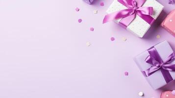 Present boxes and confetti on pink background banner background copy space. Festive ornament image backdrop empty. Holiday greeting card concept composition top view, copyspace photo