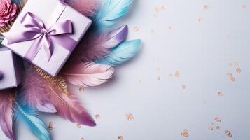 Gift box on colorful feathers on light backdrop banner background copy space. Gentle festive decor image backdrop empty. Holiday ornament concept composition top view, copyspace photo