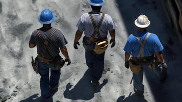 Overhead of construction workers walking on sunlit site image. Handymen in safety helmets, tool belts photography scene realistic. Teamwork and hard work concept photorealistic photo