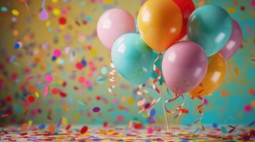 Floating balloons cluster and confetti image copy space. Bright holiday ornament with sparkles rain banner background blurred. Festive party celebration concept photography copyspace photo