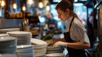 Focused waitress in apron organizing plates in restaurant portrait image. Kitchen staff working picture photorealistic photography. Fine dining occupation concept photo realistic