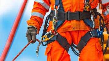 Worker in safety harness handling rope closeup image. Height work. Builder contractor in orange reflective gear close up photography. Labor occupation concept photo realistic