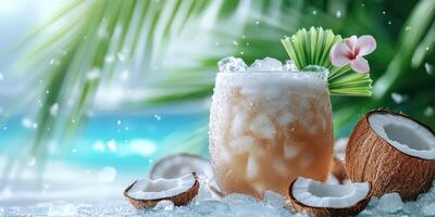Refreshing tropical cocktail garnished with coconut and flower on a sunny beach setting photo
