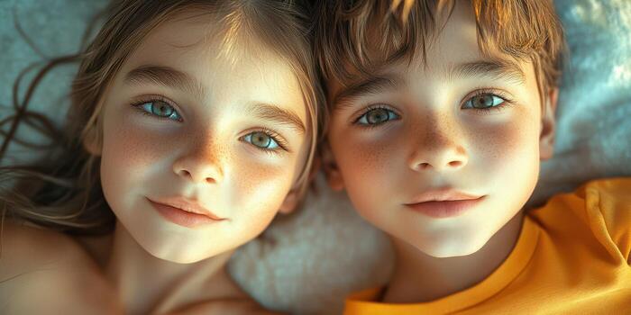 Siblings sharing a joyful moment with bright eyes and smiles in a cozy indoor setting photo