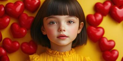 Young girl with a charming expression surrounded by red hearts on a bright yellow background photo