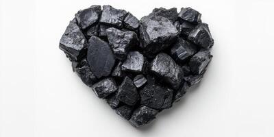 Heart shape created with pieces of black coal on a white background, symbolizing contrast in texture and color photo