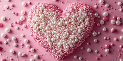 Heart-shaped arrangement of pink and white decorative beads on a soft pink background for a celebratory occasion photo