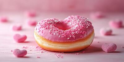 Heart-shaped pink donut with sprinkles on a pink background surrounded by candy hearts photo