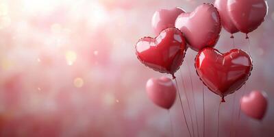 Heart-shaped balloons float gently in a soft pink background creating a romantic atmosphere for celebrations photo