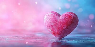 Heart sculpture with a textured surface glowing in pink and blue ambient light during a calm evening photo