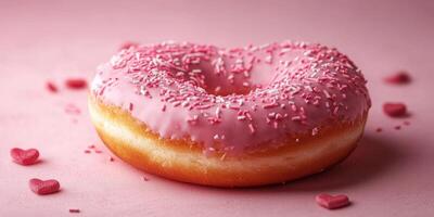 Heart-shaped pink donut with sprinkles on a pastel background and scattered heart-shaped candy photo