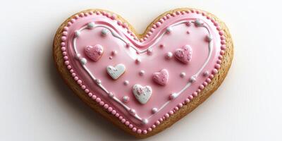 Decorative heart-shaped cookie with pink icing and small embellishments created for a special occasion photo