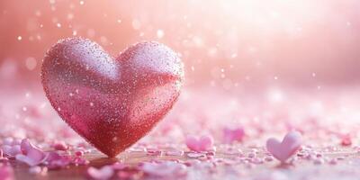 Sparkling pink heart decoration surrounded by flower petals creates a romantic atmosphere for special occasions photo