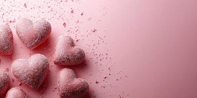 Heart-shaped candies arranged on a pink background, perfect for celebrations and special occasions photo