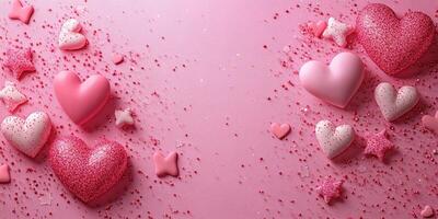 Colorful heart-shaped candies and sprinkles create a joyful display on a pink background for a festive celebration photo