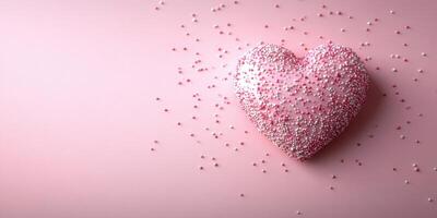 Heart-shaped cake covered in colorful sprinkles on a pink background for a celebration or special occasion photo