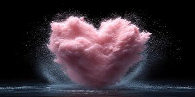 Heart shape created from pink mist and water droplets against a dark background in an artistic display of love and emotion photo