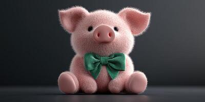 Cute plush piglet wearing a green bow tie sits against a dark background in a playful pose, appealing to both children and adults alike photo