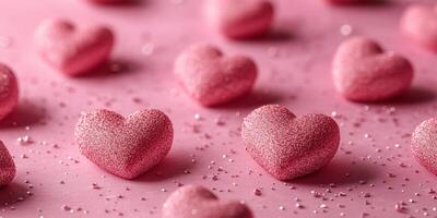 Decoratively arranged pink heart-shaped candies sparkling against a pink background photo