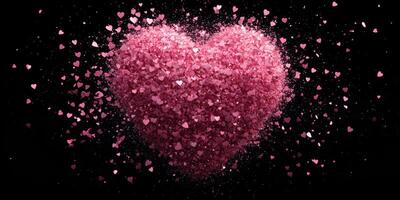 Colorful heart made of sparkling pink glitter on black background for celebrations and events photo