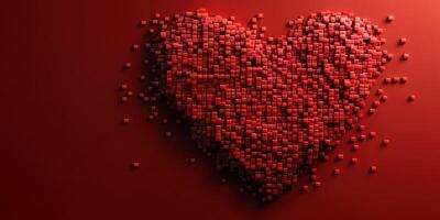Heart made of red cubes symbolizes love and affection on a vibrant red background photo