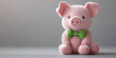 Cute pink plush pig with a green bow tie sitting on a neutral background, exuding charm and playfulness for all ages photo