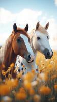 Two horses standing closely together in a vibrant flower field during a sunny day photo