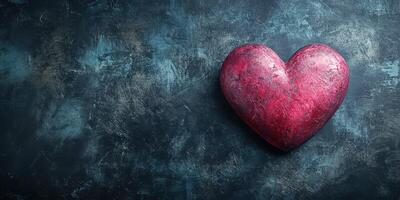 Red heart sculpture on textured dark surface representing love and affection photo