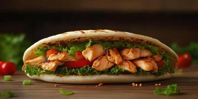 Grilled chicken wrap with fresh vegetables and herbs served on a rustic wooden table photo