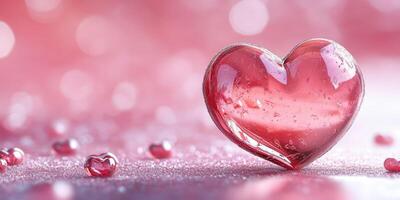 Heart-shaped glass decoration resting on a pink sparkling surface with smaller heart accents nearby photo