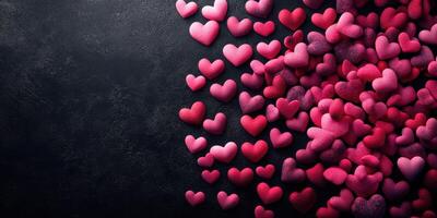 Colorful foam hearts scattered on a dark surface create a festive and romantic atmosphere for celebrations and events photo