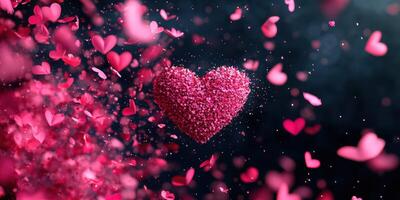 Heart made of pink petals surrounded by floating hearts for romantic celebration photo