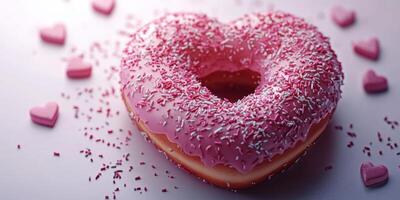 Heart-shaped donut with pink icing and sprinkles on a pastel background surrounded by small heart candies photo