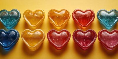Colorful heart-shaped gelatin cups arranged neatly on a bright yellow background as a fun dessert option for celebrations and gatherings photo