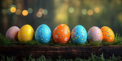 Colorful decorated Easter eggs arranged on grass with a blurred forest background during springtime celebrations photo