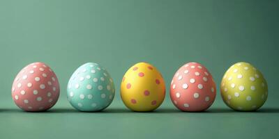 Colorful decorative Easter eggs arranged in a row against a solid background photo