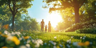 Family enjoys a sunny afternoon walk in a vibrant park filled with flowers during golden hour photo
