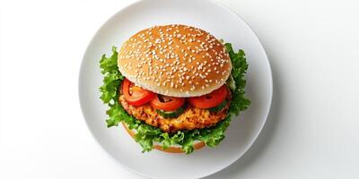 Delicious chicken burger with fresh lettuce and tomatoes served on a sesame seed bun photo