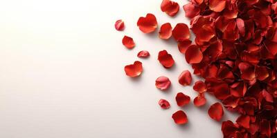 Vibrant red rose petals scattered elegantly across a soft background for romantic decoration photo