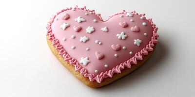 Delicious pink heart-shaped cookie decorated with icing and sprinkles for a festive celebration photo