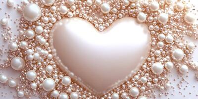 Heart shaped arrangement of luminous pearls surrounded by smaller beads on a soft background photo