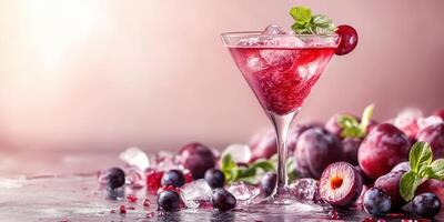 Refreshing fruit cocktail in a stylish glass garnished with mint and berries on a textured surface photo