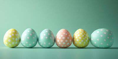 Colorful decorated eggs arranged in a row with polka dots on a pastel green background during spring celebration photo