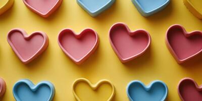 Colorful heart-shaped molds arranged on a bright yellow surface, perfect for baking or crafting activities photo
