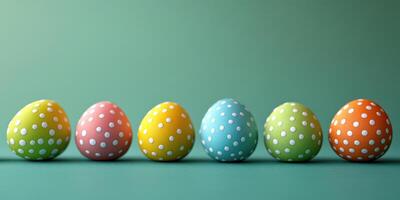 Colorful polka dot Easter eggs arranged on a teal background, perfect for spring celebrations and festive decorations photo