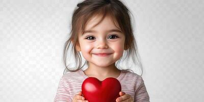 Cute toddler smiling while holding a red heart-shaped object in front of a plain background photo