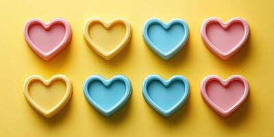 Colorful heart-shaped cookie molds arranged in a grid on a bright yellow background for baking and decoration photo